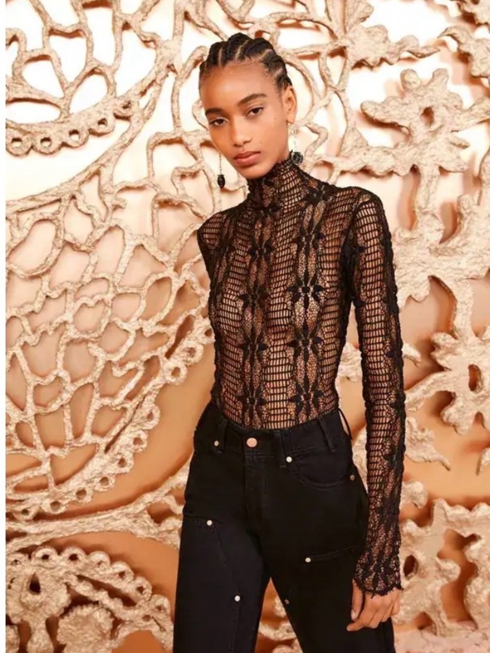 Ulla Johnson Black Sheer Lace Mock-Neck top NWOT Size small